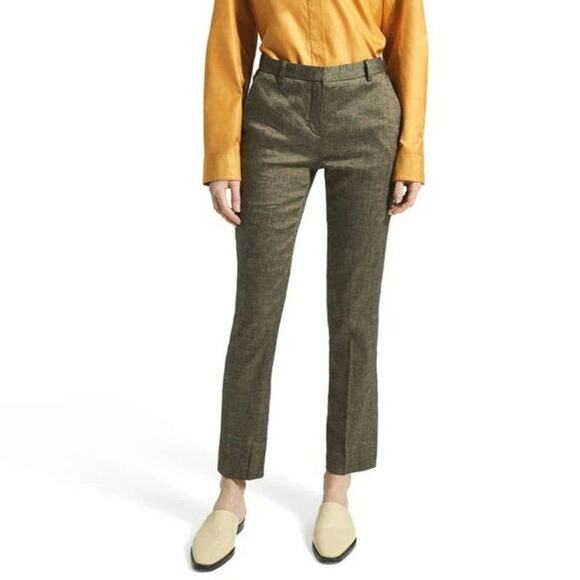 Theory Linen Blend Trouser Pant Straight Leg High Rise Olive Green Workwear 8 - Picture 13 of 16